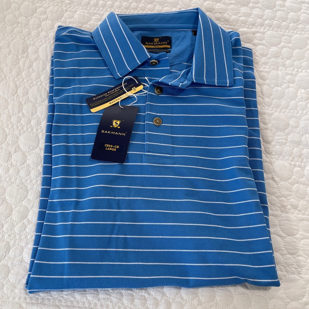 SAKMANN Golf Performance Polo Shirt Blue White Stripe Pima Cotton Blend Men Lg. - Picture 5 of 11